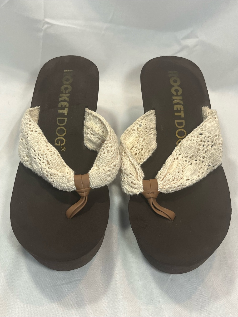 Rocket Dog Cream Crochet Wedge Sandals with Brown Sole